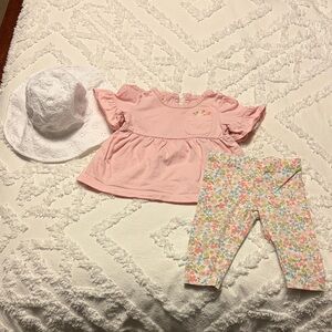 Carter’s Pink Top With Bunny and Floral Leggings Set with White Eyelet Hat